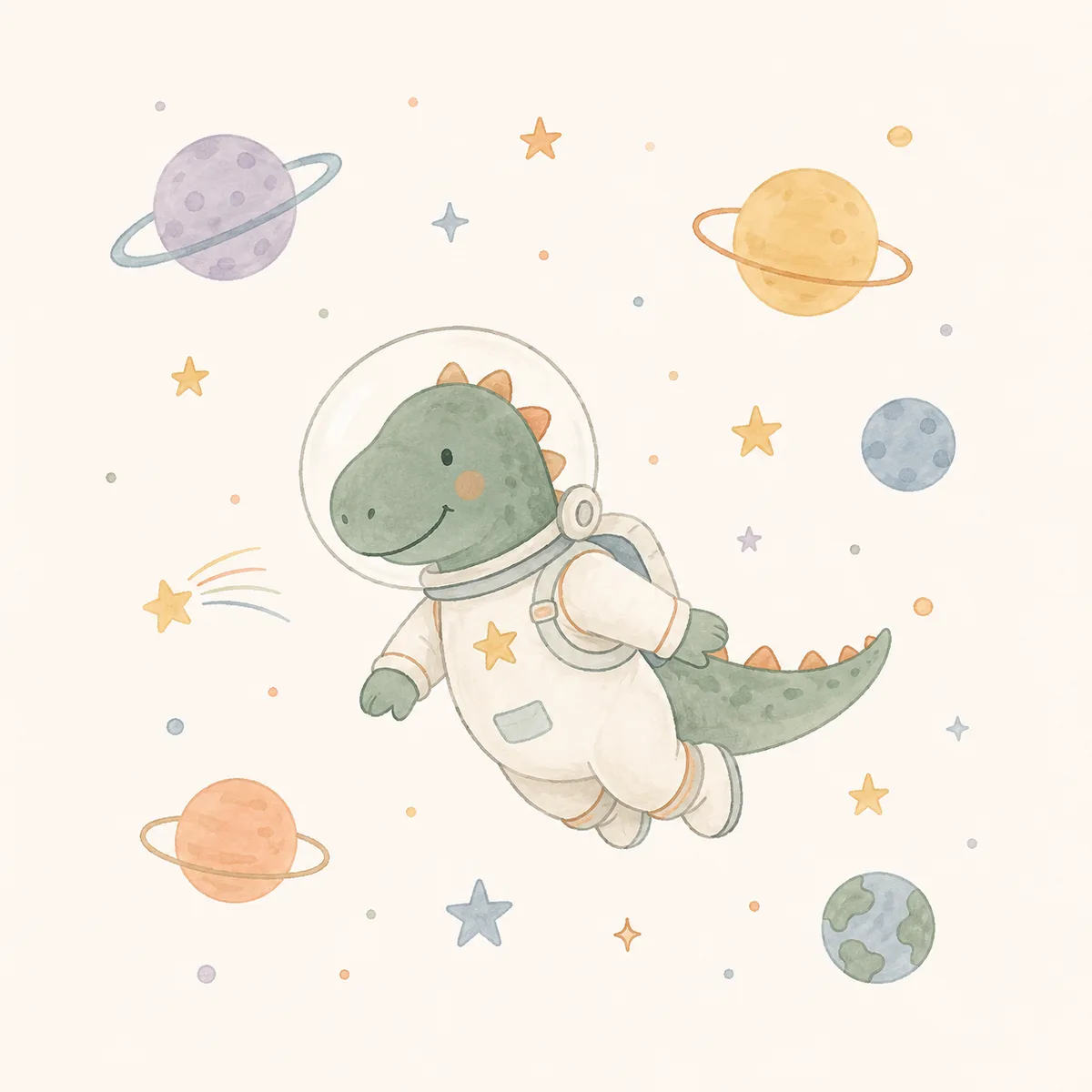 Illustrazione Le Piccole Cose di Leo: dinosauro astronauta
